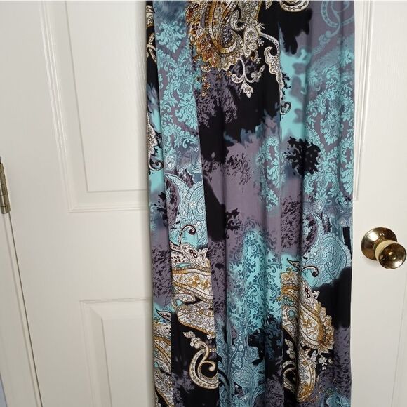 Essentials By Milano Sz M Womens Maxi Dress Paisley Green Beads Spaghetti - Picture 4 of 13